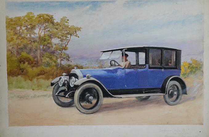 Charles Thomas Howard (1865-1942), two original watercolours for postcards, Vintage cars comprising Rolls Royce and Napier Limousine Landaulette, inscribed in pencil to the margins, 25 x 37cm, unframed. Condition - fair